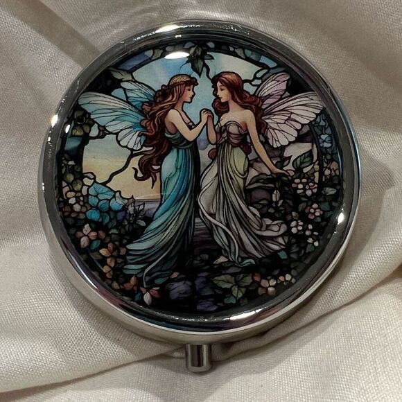 Whimsical Fairies Travel Pill Box 3 Compartment Medicine Pill Case Metal NEW - Picture 1 of 5